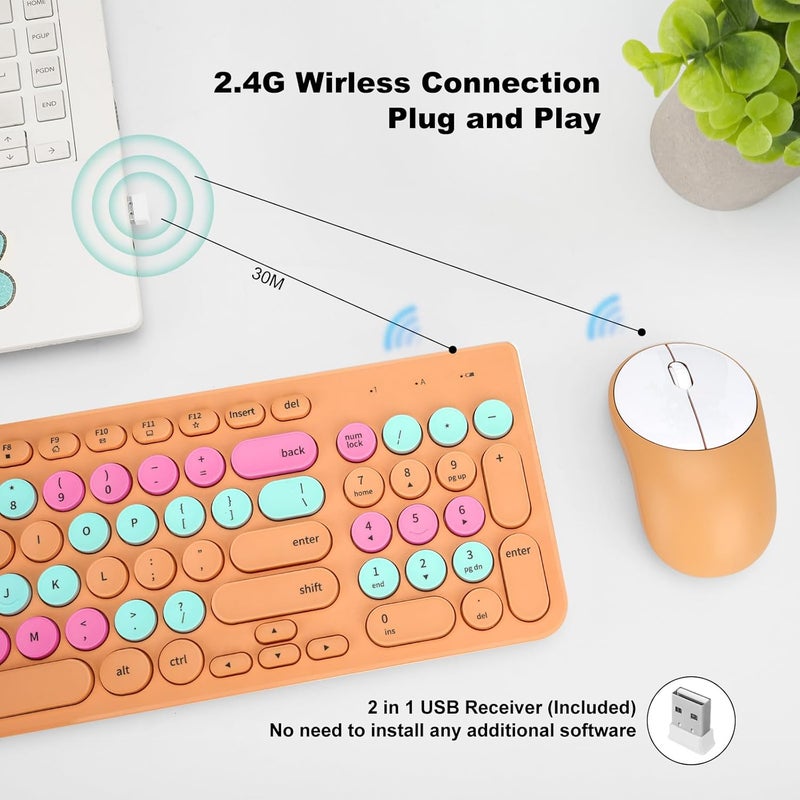 GUKJOB Wireless Keyboard and Mouse Combo, Retro Typewriter Keyboard with Round Keycaps, 2.4GHz USB Cute Wireless Keyboard Mouse for Computer, Desktop, Laptop and Computer (Orange Colorful) - Image 2